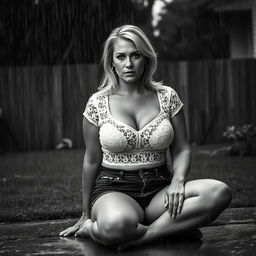 3/4 shot of a curvy blonde-haired woman in her 40s in a black and white photograph, front view, sitting on the ground in her backyard during a rainstorm