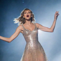 Taylor Swift performing on a brightly lit stage wearing a stunning sequinned dress, surrounded by misty light effects and a cheering crowd