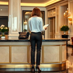 31-year-old woman of Italian descent with a chin-long bob hairstyle, shown from behind as she fills out a form at the reception desk of a hotel