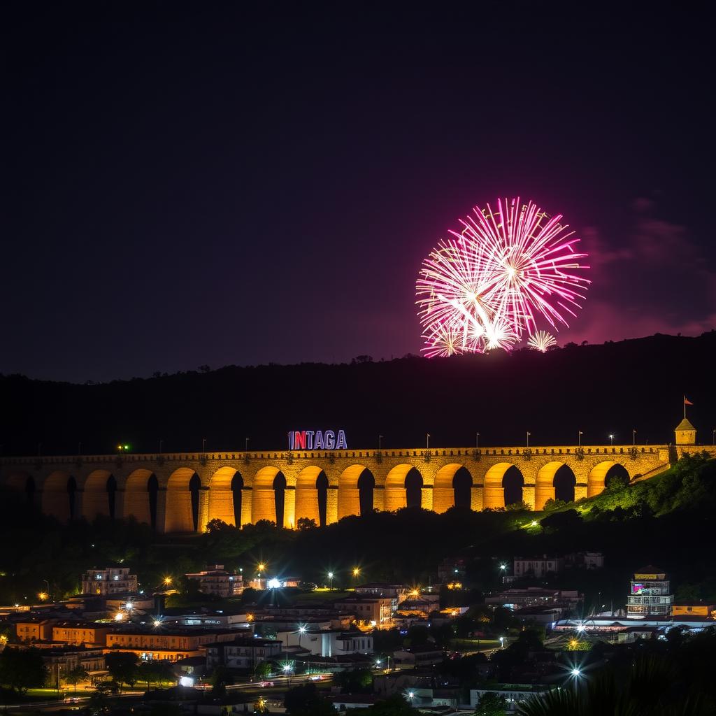 Night landscape showcasing vibrant fireworks illuminating the sky over the historic Queretaro City aqueduct