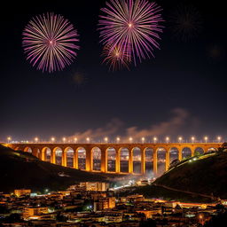 Night landscape showcasing vibrant fireworks illuminating the sky over the historic Queretaro City aqueduct