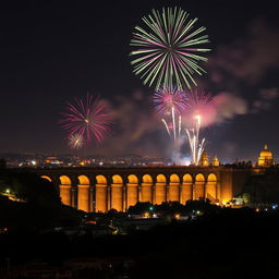 Night landscape showcasing vibrant fireworks illuminating the sky over the historic Queretaro City aqueduct