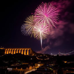 Night landscape showcasing vibrant fireworks illuminating the sky over the historic Queretaro City aqueduct