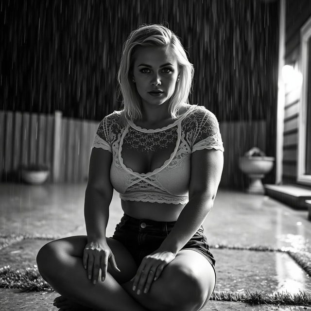 3/4 shot of a curvy blonde-haired woman in her 40s in a black and white photograph, front view, sitting on the ground in her backyard during a rainstorm