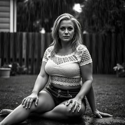 3/4 shot of a curvy blonde-haired woman in her 40s in a black and white photograph, front view, sitting on the ground in her backyard during a rainstorm