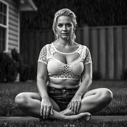 3/4 shot of a curvy blonde-haired woman in her 40s in a black and white photograph, front view, sitting on the ground in her backyard during a rainstorm