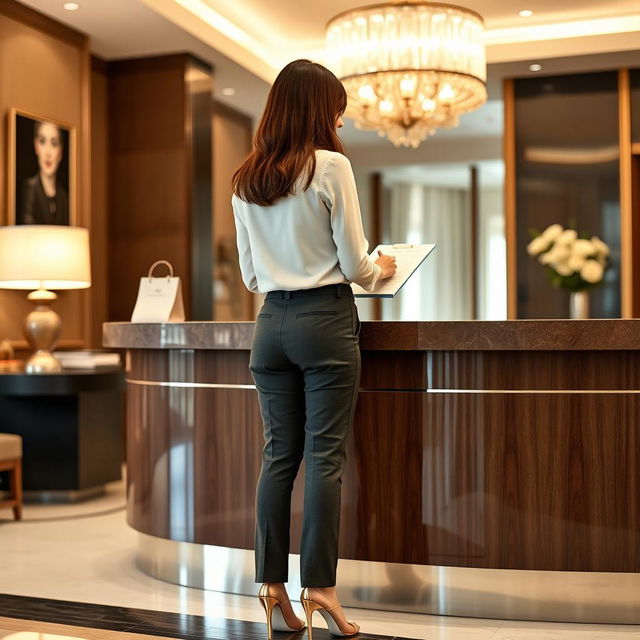 31-year-old woman of Italian descent with a chin-long bob hairstyle, shown from behind as she fills out a form at the reception desk of a hotel