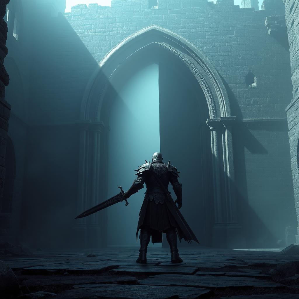 A dark and atmospheric CGI scene inspired by the Dark Souls video game series, featuring a lone warrior clad in intricate, battle-worn armor wielding a massive sword