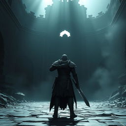 A dark and atmospheric CGI scene inspired by the Dark Souls video game series, featuring a lone warrior clad in intricate, battle-worn armor wielding a massive sword