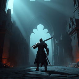 A dark and atmospheric CGI scene inspired by the Dark Souls video game series, featuring a lone warrior clad in intricate, battle-worn armor wielding a massive sword