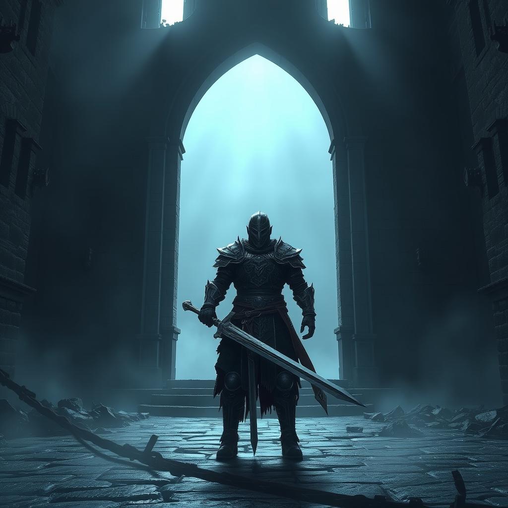 A dark and atmospheric CGI scene inspired by the Dark Souls video game series, featuring a lone warrior clad in intricate, battle-worn armor wielding a massive sword