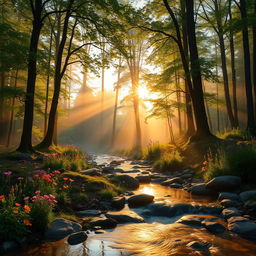 A dreamy forest landscape at sunrise, with soft golden light filtering through the trees