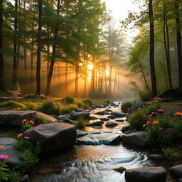 A dreamy forest landscape at sunrise, with soft golden light filtering through the trees