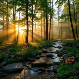 A dreamy forest landscape at sunrise, with soft golden light filtering through the trees