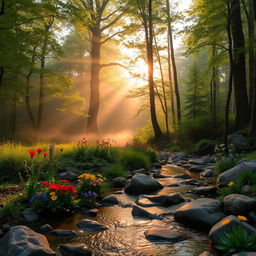 A dreamy forest landscape at sunrise, with soft golden light filtering through the trees