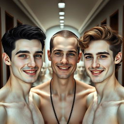 Three tall men who look very similar yet distinct smiling uniformly; their skin appears to be made of porcelain, very pale, like they have healed from a bruised state