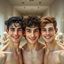 Three tall men who look very similar yet distinct smiling uniformly; their skin appears to be made of porcelain, very pale, like they have healed from a bruised state