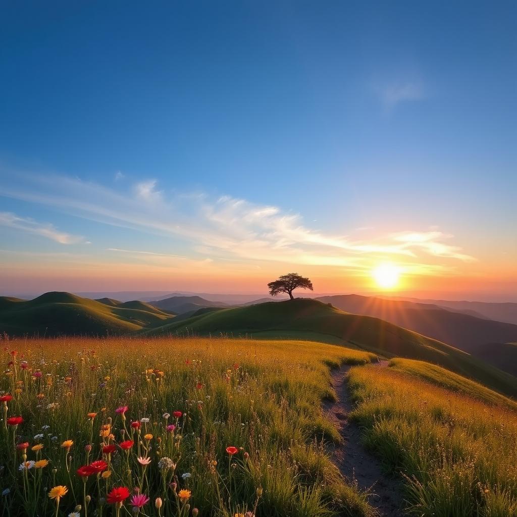 A serene and picturesque landscape featuring rolling hills under a clear azure sky, with wisps of clouds