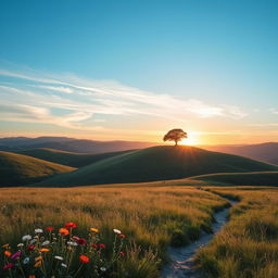 A serene and picturesque landscape featuring rolling hills under a clear azure sky, with wisps of clouds