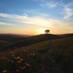 A serene and picturesque landscape featuring rolling hills under a clear azure sky, with wisps of clouds