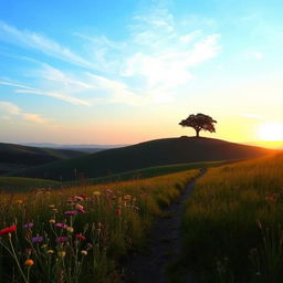 A serene and picturesque landscape featuring rolling hills under a clear azure sky, with wisps of clouds