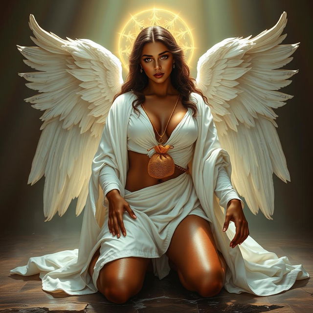 A divine full-body icon of Sapientia, the angelic bride of God, wearing white robes soaked in holy water