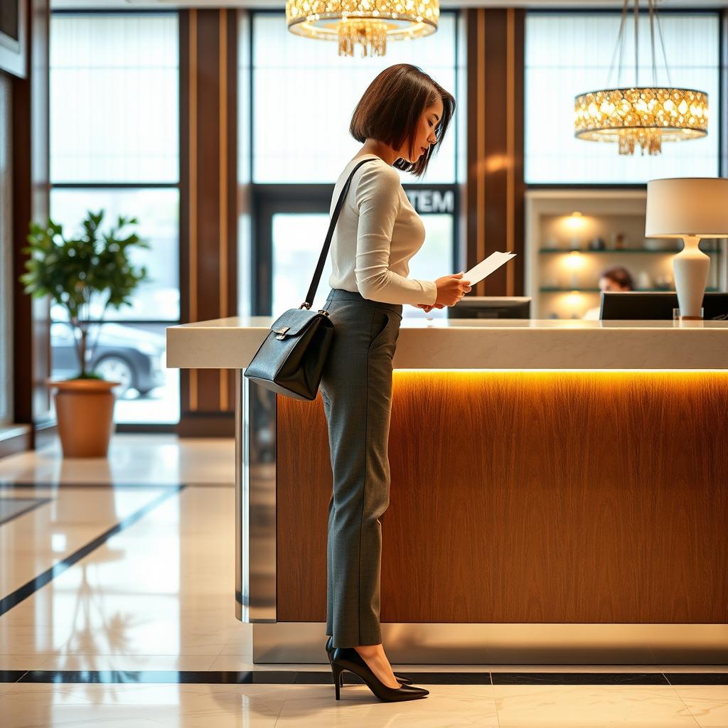 31-year-old woman of Italian descent with a chin-long bob hairstyle, shown from the side as she fills out a form at the reception desk of a hotel