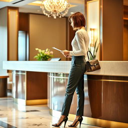 31-year-old woman of Italian descent with a chin-long bob hairstyle, shown from the side as she fills out a form at the reception desk of a hotel