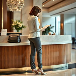 31-year-old woman of Italian descent with a chin-long bob hairstyle, shown from the side as she fills out a form at the reception desk of a hotel