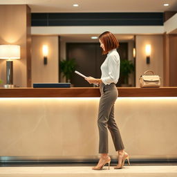 31-year-old woman of Italian descent with a chin-long bob hairstyle, shown from the side as she fills out a form at the reception desk of a hotel