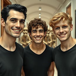 Three tall men who look very similar yet distinct smiling uniformly; their skin appears to be made of porcelain, very pale, like they have healed from a bruised state