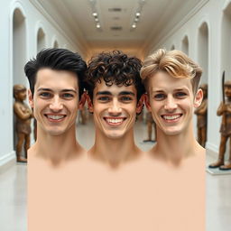 Three tall men who look very similar yet distinct smiling uniformly; their skin appears to be made of porcelain, very pale, like they have healed from a bruised state