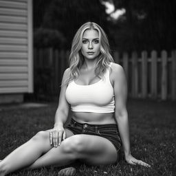 3/4 shot of a curvy blonde-haired woman in her 40s in a black and white photograph, front view, sitting on the ground in her backyard during a rainstorm