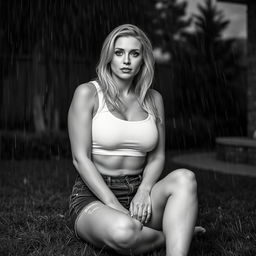 3/4 shot of a curvy blonde-haired woman in her 40s in a black and white photograph, front view, sitting on the ground in her backyard during a rainstorm