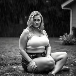 3/4 shot of a curvy blonde-haired woman in her 40s in a black and white photograph, front view, sitting on the ground in her backyard during a rainstorm