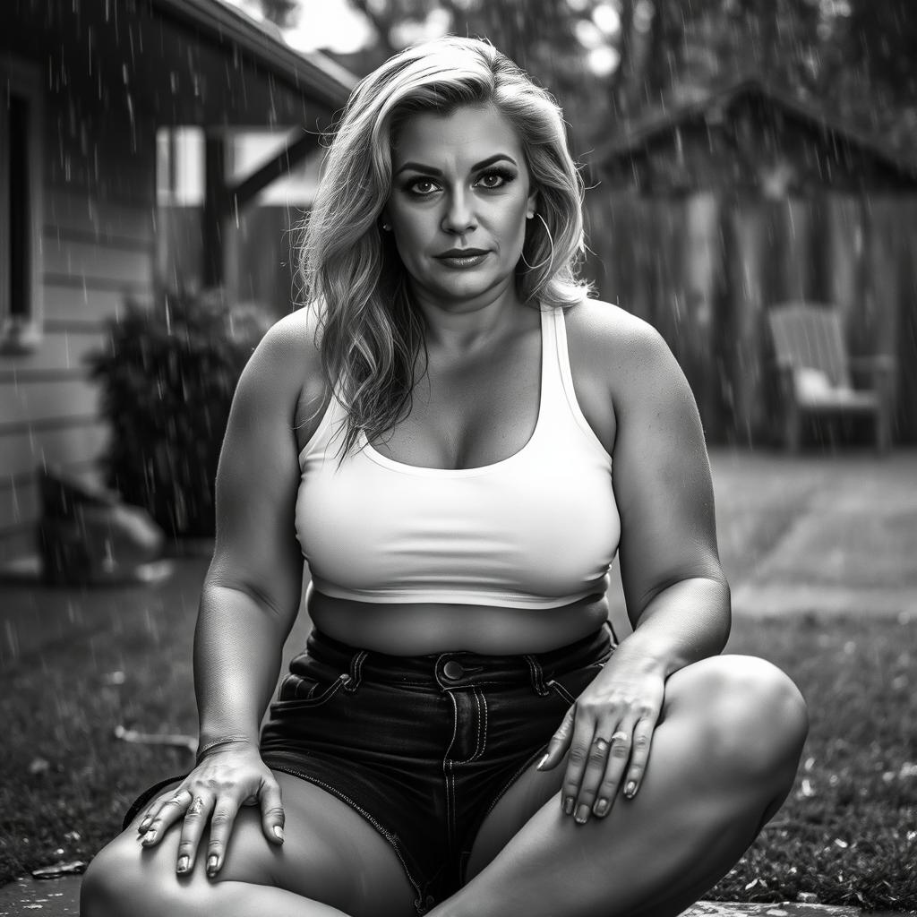 3/4 shot of a curvy blonde-haired woman in her 40s in a black and white photograph, front view, sitting on the ground in her backyard during a rainstorm