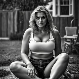 3/4 shot of a curvy blonde-haired woman in her 40s in a black and white photograph, front view, sitting on the ground in her backyard during a rainstorm