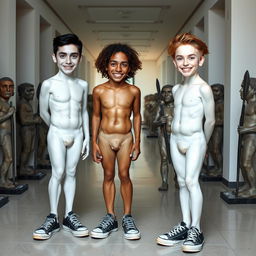 Three tall men who look very similar yet distinct, standing and smiling uniformly; their skin appears to be made of porcelain, very pale, like they have healed from a bruised state