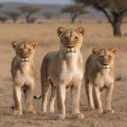 A majestic lioness standing protectively beside her two lions in the heart of the African savannah