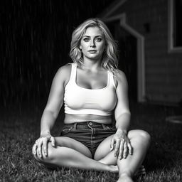 3/4 shot of a curvy blonde-haired woman in her 40s in a black and white photograph, front view, sitting on the ground in her backyard during a rainstorm