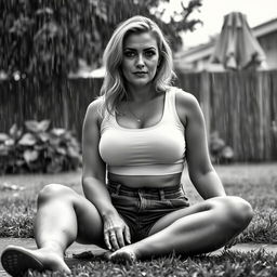 3/4 shot of a curvy blonde-haired woman in her 40s in a black and white photograph, front view, sitting on the ground in her backyard during a rainstorm