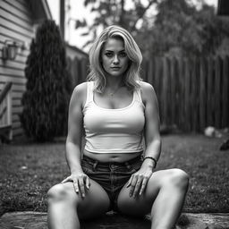 3/4 shot of a curvy blonde-haired woman in her 40s in a black and white photograph, front view, sitting on the ground in her backyard during a rainstorm