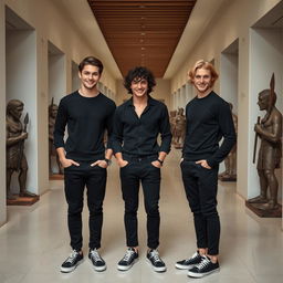 Three tall men who look very similar yet distinct, standing and smiling uniformly; their skin appears to be made of porcelain, very pale, like they have healed from a bruised state