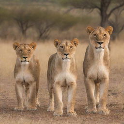 A majestic lioness standing protectively beside her two lions in the heart of the African savannah