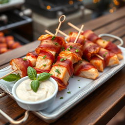 a delectable presentation of salmon skewers wrapped in crispy prosciutto, lovingly garnished with fresh chopped basil