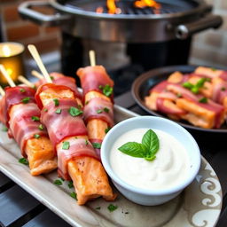 a delectable presentation of salmon skewers wrapped in crispy prosciutto, lovingly garnished with fresh chopped basil