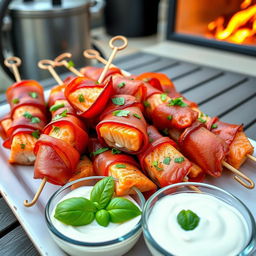 a delectable presentation of salmon skewers wrapped in crispy prosciutto, lovingly garnished with fresh chopped basil