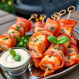 a delectable presentation of salmon skewers wrapped in crispy prosciutto, lovingly garnished with fresh chopped basil