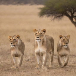 A majestic lioness standing protectively beside her two lions in the heart of the African savannah