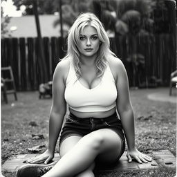 3/4 shot of a curvy blonde-haired woman in her 40s in a black and white photograph, front view, sitting on the ground in her backyard during a rainstorm